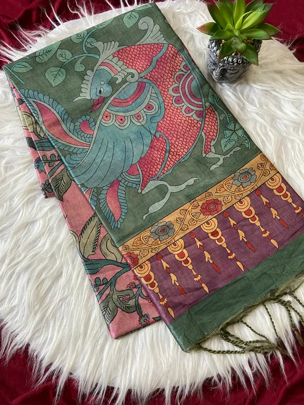 Soft_Tussar_Silk_sarees_with_Beautiful_Style_Of_Kalamkari_Digital_Print_With_Attractive_Border_And_Contrast_Print_Blouse_With_Tassels