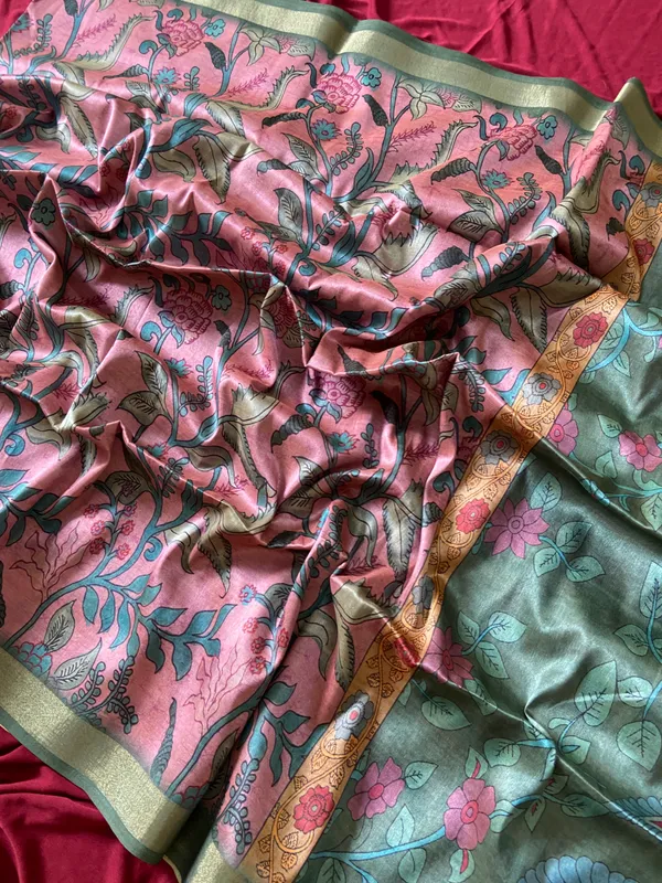 Soft_Tussar_Silk_sarees_with_Beautiful_Style_Of_Kalamkari_Digital_Print_With_Attractive_Border_And_Contrast_Print_Blouse_With_Tassels