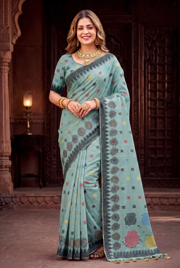 Premium_Soft_Muga_Cotton_sarees_with_Beautiful_Colourfull_3D_Woven_Flower_Design_Pallu_With_Attractive_All_Over_Resham_Weaving_Butti_Design_With_Resham_Weaving_Border_And_Resham_Weaving_Butti_Blouse_With_Fancy_Tassels