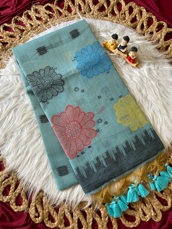 Premium_Soft_Muga_Cotton_sarees_with_Beautiful_Colourfull_3D_Woven_Flower_Design_Pallu_With_Attractive_All_Over_Resham_Weaving_Butti_Design_With_Resham_Weaving_Border_And_Resham_Weaving_Butti_Blouse_With_Fancy_Tassels