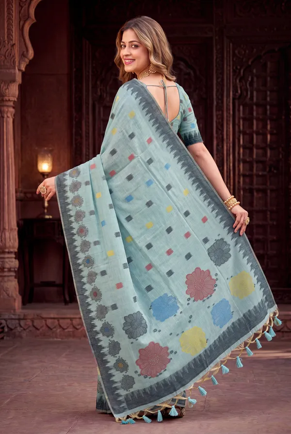 Premium_Soft_Muga_Cotton_sarees_with_Beautiful_Colourfull_3D_Woven_Flower_Design_Pallu_With_Attractive_All_Over_Resham_Weaving_Butti_Design_With_Resham_Weaving_Border_And_Resham_Weaving_Butti_Blouse_With_Fancy_Tassels
