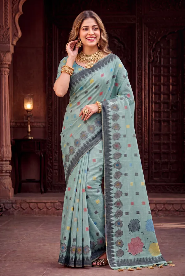 Premium_Soft_Muga_Cotton_sarees_with_Beautiful_Colourfull_3D_Woven_Flower_Design_Pallu_With_Attractive_All_Over_Resham_Weaving_Butti_Design_With_Resham_Weaving_Border_And_Resham_Weaving_Butti_Blouse_With_Fancy_Tassels