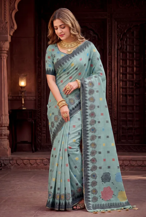 Premium_Soft_Muga_Cotton_sarees_with_Beautiful_Colourfull_3D_Woven_Flower_Design_Pallu_With_Attractive_All_Over_Resham_Weaving_Butti_Design_With_Resham_Weaving_Border_And_Resham_Weaving_Butti_Blouse_With_Fancy_Tassels