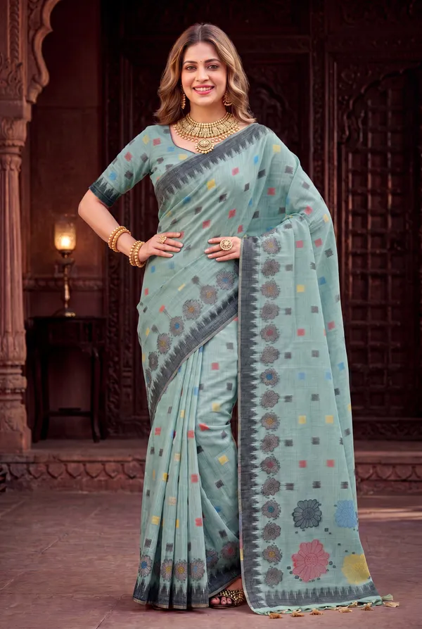 Premium_Soft_Muga_Cotton_sarees_with_Beautiful_Colourfull_3D_Woven_Flower_Design_Pallu_With_Attractive_All_Over_Resham_Weaving_Butti_Design_With_Resham_Weaving_Border_And_Resham_Weaving_Butti_Blouse_With_Fancy_Tassels
