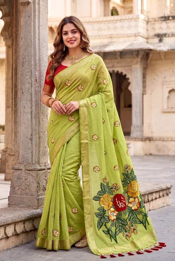 Premium_Soft_Muga_Cotton_sarees_with_Beautiful_Colourfull_Resham_Weaving_Flower_Design_Pallu_With_Attractive_All_Over_Resham_Weaving__Flower_Design_With_Zari_Weaving_Border_And_Contrast_Blouse_With_Fancy_Tassels