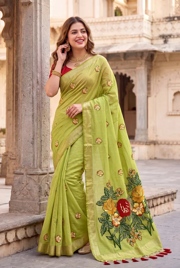Premium_Soft_Muga_Cotton_sarees_with_Beautiful_Colourfull_Resham_Weaving_Flower_Design_Pallu_With_Attractive_All_Over_Resham_Weaving__Flower_Design_With_Zari_Weaving_Border_And_Contrast_Blouse_With_Fancy_Tassels