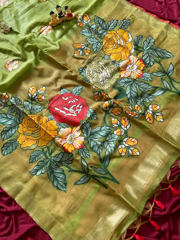 Premium_Soft_Muga_Cotton_sarees_with_Beautiful_Colourfull_Resham_Weaving_Flower_Design_Pallu_With_Attractive_All_Over_Resham_Weaving__Flower_Design_With_Zari_Weaving_Border_And_Contrast_Blouse_With_Fancy_Tassels