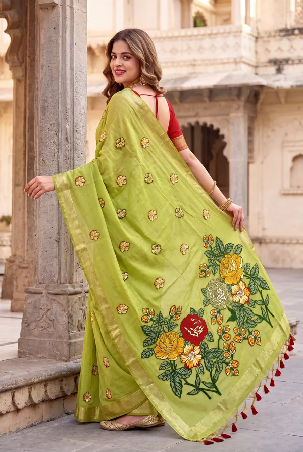 Premium_Soft_Muga_Cotton_sarees_with_Beautiful_Colourfull_Resham_Weaving_Flower_Design_Pallu_With_Attractive_All_Over_Resham_Weaving__Flower_Design_With_Zari_Weaving_Border_And_Contrast_Blouse_With_Fancy_Tassels