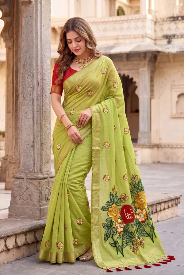 Premium_Soft_Muga_Cotton_sarees_with_Beautiful_Colourfull_Resham_Weaving_Flower_Design_Pallu_With_Attractive_All_Over_Resham_Weaving__Flower_Design_With_Zari_Weaving_Border_And_Contrast_Blouse_With_Fancy_Tassels