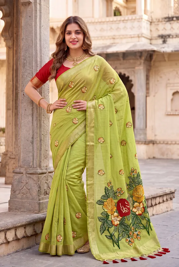 Premium_Soft_Muga_Cotton_sarees_with_Beautiful_Colourfull_Resham_Weaving_Flower_Design_Pallu_With_Attractive_All_Over_Resham_Weaving__Flower_Design_With_Zari_Weaving_Border_And_Contrast_Blouse_With_Fancy_Tassels