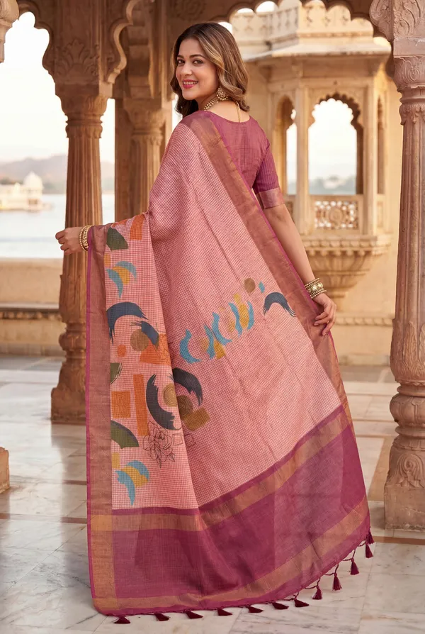 Soft_Tussar_Silk_sarees_with_Beautiful_Digital_Print_With_Attractive_Checks_Design_Saree_And_Digital_Print_Blouse_With_Tassels