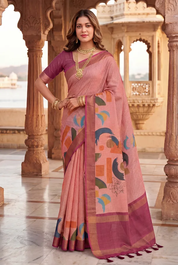 Soft_Tussar_Silk_sarees_with_Beautiful_Digital_Print_With_Attractive_Checks_Design_Saree_And_Digital_Print_Blouse_With_Tassels