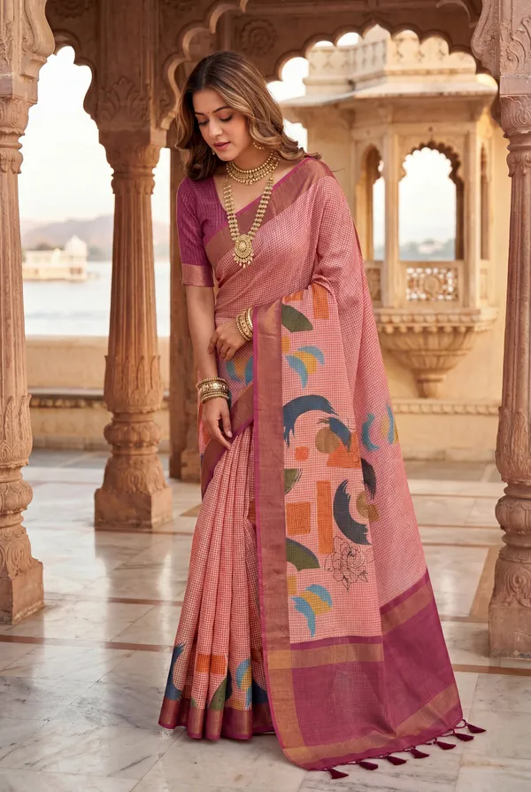 Soft_Tussar_Silk_sarees_with_Beautiful_Digital_Print_With_Attractive_Checks_Design_Saree_And_Digital_Print_Blouse_With_Tassels