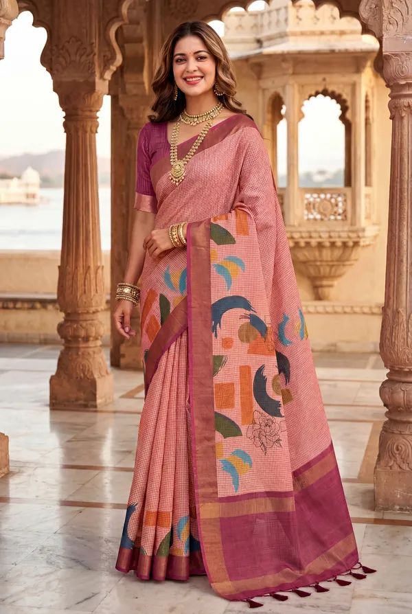 Soft_Tussar_Silk_sarees_with_Beautiful_Digital_Print_With_Attractive_Checks_Design_Saree_And_Digital_Print_Blouse_With_Tassels