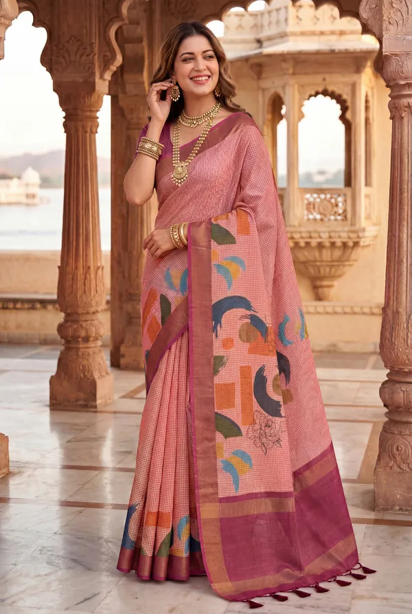 Soft_Tussar_Silk_sarees_with_Beautiful_Digital_Print_With_Attractive_Checks_Design_Saree_And_Digital_Print_Blouse_With_Tassels