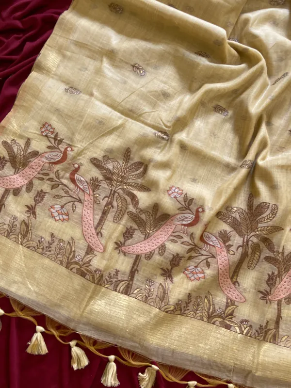 Premium_Soft_Muga_Cotton_sarees_with_Beautiful_Colourfull_Resham_Weaving__Peacock_Design_Pallu_With_Attractive_Traditional_Zari_Weaving__With_All_Over__Resham_Weaving__And_Resham_Weaving_Butti_Blouse_With_Fancy_Tassels