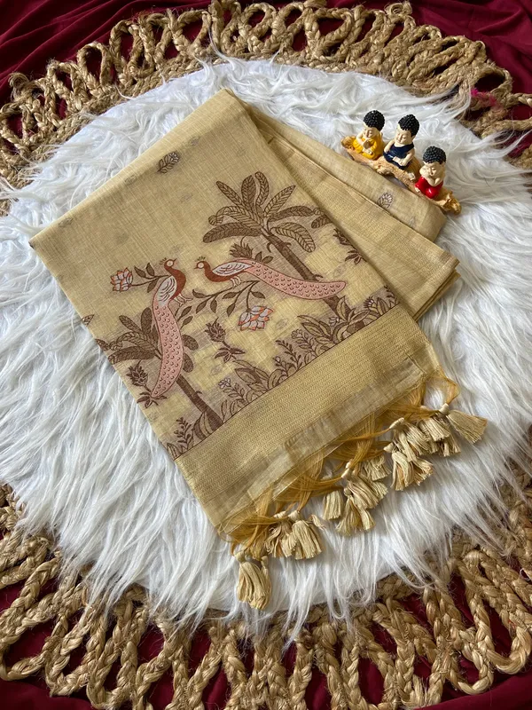 Premium_Soft_Muga_Cotton_sarees_with_Beautiful_Colourfull_Resham_Weaving__Peacock_Design_Pallu_With_Attractive_Traditional_Zari_Weaving__With_All_Over__Resham_Weaving__And_Resham_Weaving_Butti_Blouse_With_Fancy_Tassels