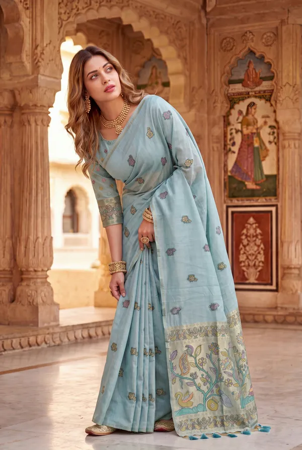 Premium_Soft_Muga_Cotton_Paithani_sarees_with_Beautiful_Weaving_Design_Featuring_Jungle_Theme_And_Swan_Motifs_Pallu_With_Attractive_All_Over_Resham_Weaving_Butti_Design_And_Resham_Weaving_Butti_Blouse_With_Fancy_Tassels