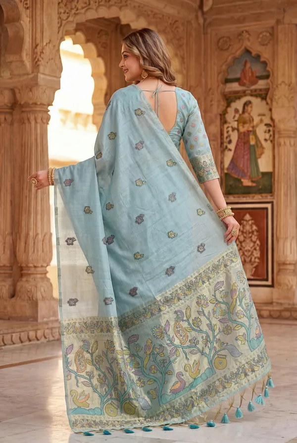 Premium_Soft_Muga_Cotton_Paithani_sarees_with_Beautiful_Weaving_Design_Featuring_Jungle_Theme_And_Swan_Motifs_Pallu_With_Attractive_All_Over_Resham_Weaving_Butti_Design_And_Resham_Weaving_Butti_Blouse_With_Fancy_Tassels