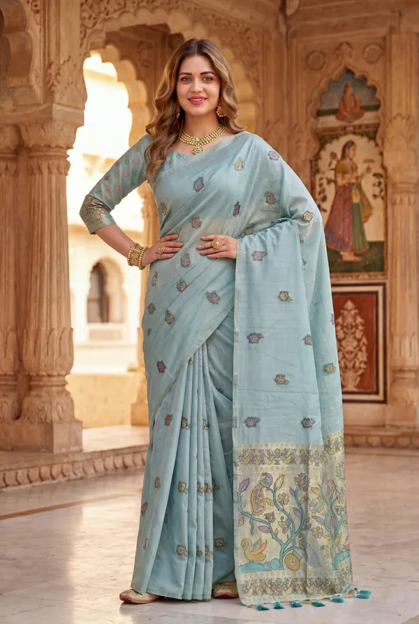 Premium_Soft_Muga_Cotton_Paithani_sarees_with_Beautiful_Weaving_Design_Featuring_Jungle_Theme_And_Swan_Motifs_Pallu_With_Attractive_All_Over_Resham_Weaving_Butti_Design_And_Resham_Weaving_Butti_Blouse_With_Fancy_Tassels