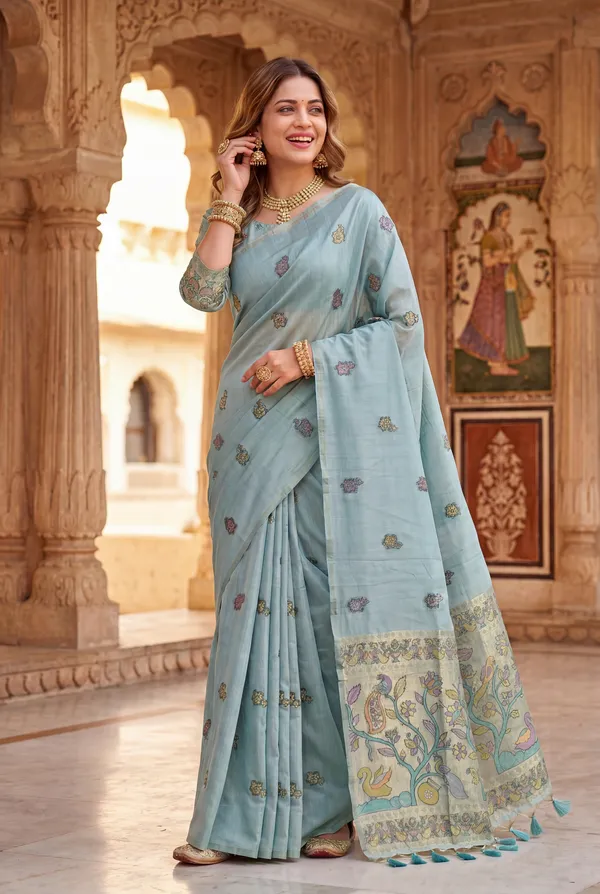 Premium_Soft_Muga_Cotton_Paithani_sarees_with_Beautiful_Weaving_Design_Featuring_Jungle_Theme_And_Swan_Motifs_Pallu_With_Attractive_All_Over_Resham_Weaving_Butti_Design_And_Resham_Weaving_Butti_Blouse_With_Fancy_Tassels