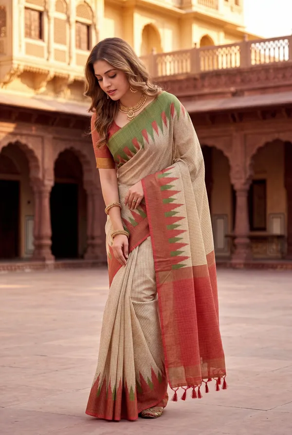 Soft_Tussar_Silk_sarees_with_Beautiful_Digital_Print_With_Attractive_Checks_Design_Saree_And_Digital_Print_Blouse_With_Tassels