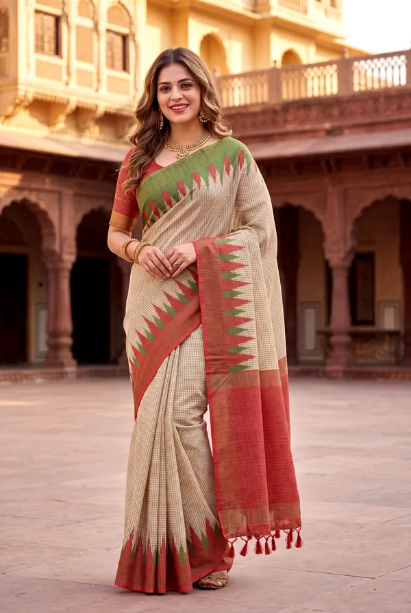Soft_Tussar_Silk_sarees_with_Beautiful_Digital_Print_With_Attractive_Checks_Design_Saree_And_Digital_Print_Blouse_With_Tassels