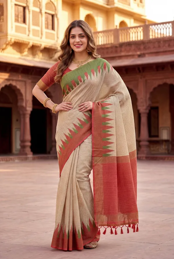 Soft_Tussar_Silk_sarees_with_Beautiful_Digital_Print_With_Attractive_Checks_Design_Saree_And_Digital_Print_Blouse_With_Tassels