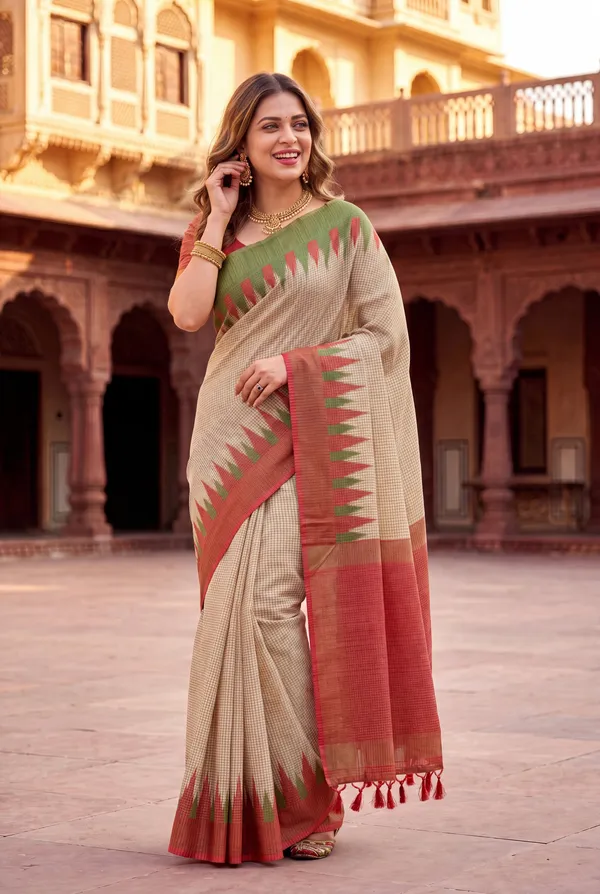 Soft_Tussar_Silk_sarees_with_Beautiful_Digital_Print_With_Attractive_Checks_Design_Saree_And_Digital_Print_Blouse_With_Tassels
