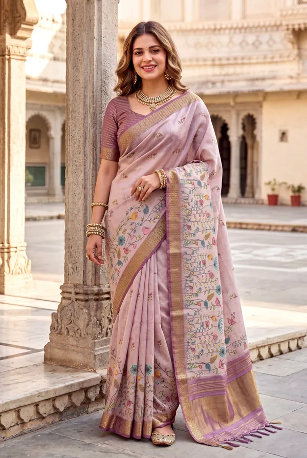 Soft_Tissue_Silk_sarees_with_Beautiful_Digital_Print_With_Attractive_Border_&_Rich_Pallu_With_Sequence_And_Contrast_Print_Blouse_With_Tassels