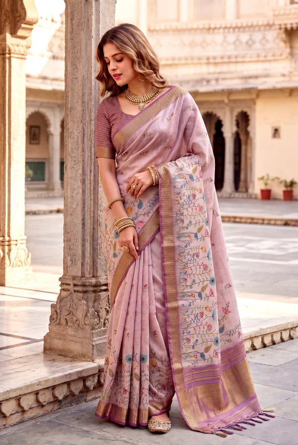 Soft_Tissue_Silk_sarees_with_Beautiful_Digital_Print_With_Attractive_Border_&_Rich_Pallu_With_Sequence_And_Contrast_Print_Blouse_With_Tassels