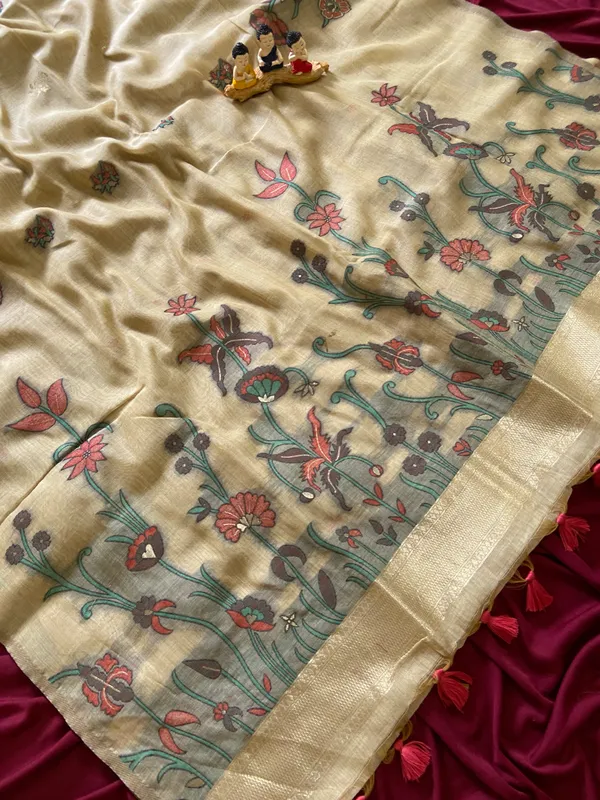 Premium_Soft_Muga_Cotton_sarees_with_Beautiful_Colourfull_Resham_Weaving__Flower_Design_Pallu_With_Attractive_Traditional_Zari_Weaving__With_All_Over__Resham_Weaving__And_Resham_Weaving_Butti_Blouse_With_Fancy_Tassels