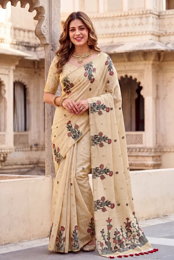 Premium_Soft_Muga_Cotton_sarees_with_Beautiful_Colourfull_Resham_Weaving__Flower_Design_Pallu_With_Attractive_Traditional_Zari_Weaving__With_All_Over__Resham_Weaving__And_Resham_Weaving_Butti_Blouse_With_Fancy_Tassels
