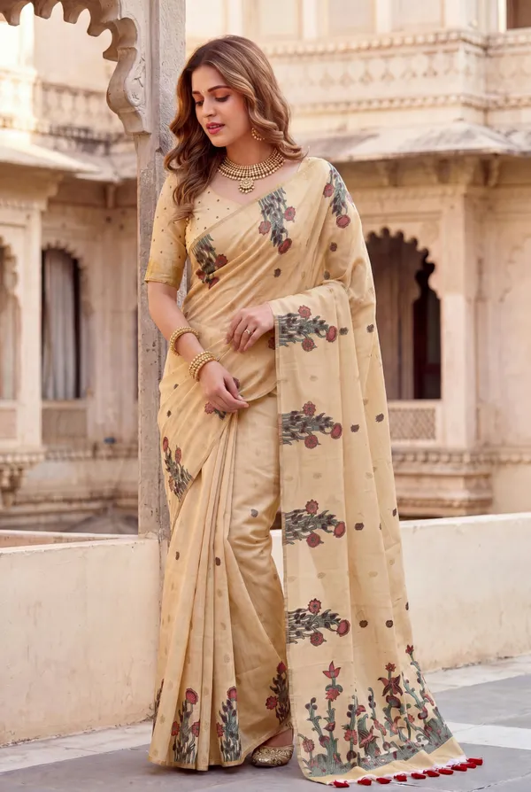 Premium_Soft_Muga_Cotton_sarees_with_Beautiful_Colourfull_Resham_Weaving__Flower_Design_Pallu_With_Attractive_Traditional_Zari_Weaving__With_All_Over__Resham_Weaving__And_Resham_Weaving_Butti_Blouse_With_Fancy_Tassels