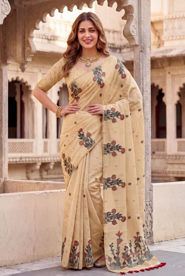 Premium_Soft_Muga_Cotton_sarees_with_Beautiful_Colourfull_Resham_Weaving__Flower_Design_Pallu_With_Attractive_Traditional_Zari_Weaving__With_All_Over__Resham_Weaving__And_Resham_Weaving_Butti_Blouse_With_Fancy_Tassels