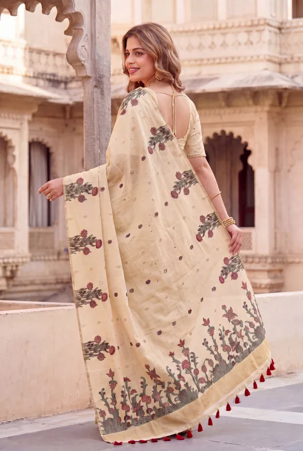 Premium_Soft_Muga_Cotton_sarees_with_Beautiful_Colourfull_Resham_Weaving__Flower_Design_Pallu_With_Attractive_Traditional_Zari_Weaving__With_All_Over__Resham_Weaving__And_Resham_Weaving_Butti_Blouse_With_Fancy_Tassels