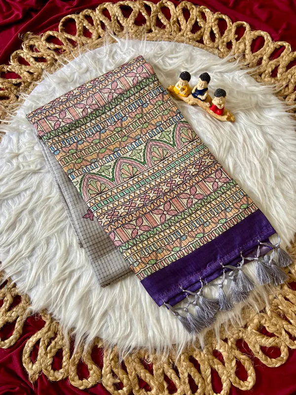 Soft_Tussar_Silk_sarees_with_Beautiful_Digital_Print_With_Attractive_Checks_Design_Saree_And_Digital_Print_Blouse_With_Tassels