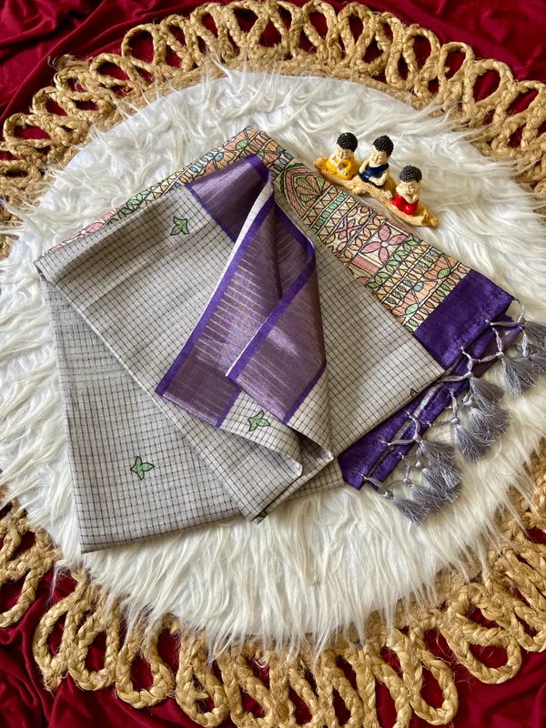 Soft_Tussar_Silk_sarees_with_Beautiful_Digital_Print_With_Attractive_Checks_Design_Saree_And_Digital_Print_Blouse_With_Tassels
