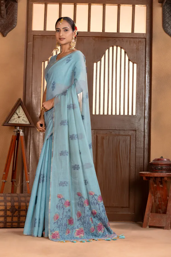 Premium_Soft_Muga_Cotton_sarees_with_Beautiful_?Colourfull_Resham_Weaving__Flower_Design_Pallu_With_Attractive_Traditional_Zari_Weaving__With_All_Over__Resham_Weaving__And_Resham_Weaving_Butti_Blouse_With_Fancy_Tassels