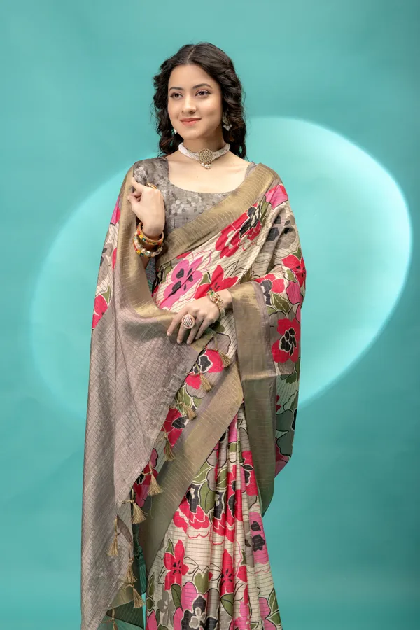 Soft_Tussar_Silk_sarees_with_Beautiful_Style_Of_Floral_Digital_Print_With_Attractive_Border_And_Contrast_Print_Blouse_With_Tassels