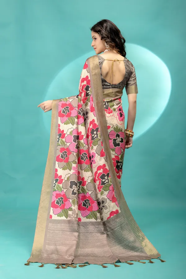 Soft_Tussar_Silk_sarees_with_Beautiful_Style_Of_Floral_Digital_Print_With_Attractive_Border_And_Contrast_Print_Blouse_With_Tassels
