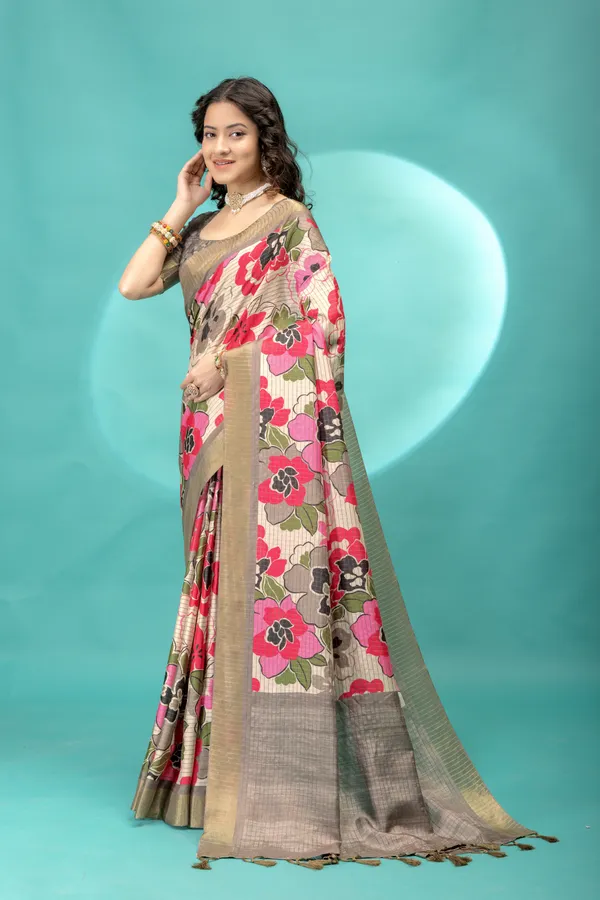 Soft_Tussar_Silk_sarees_with_Beautiful_Style_Of_Floral_Digital_Print_With_Attractive_Border_And_Contrast_Print_Blouse_With_Tassels