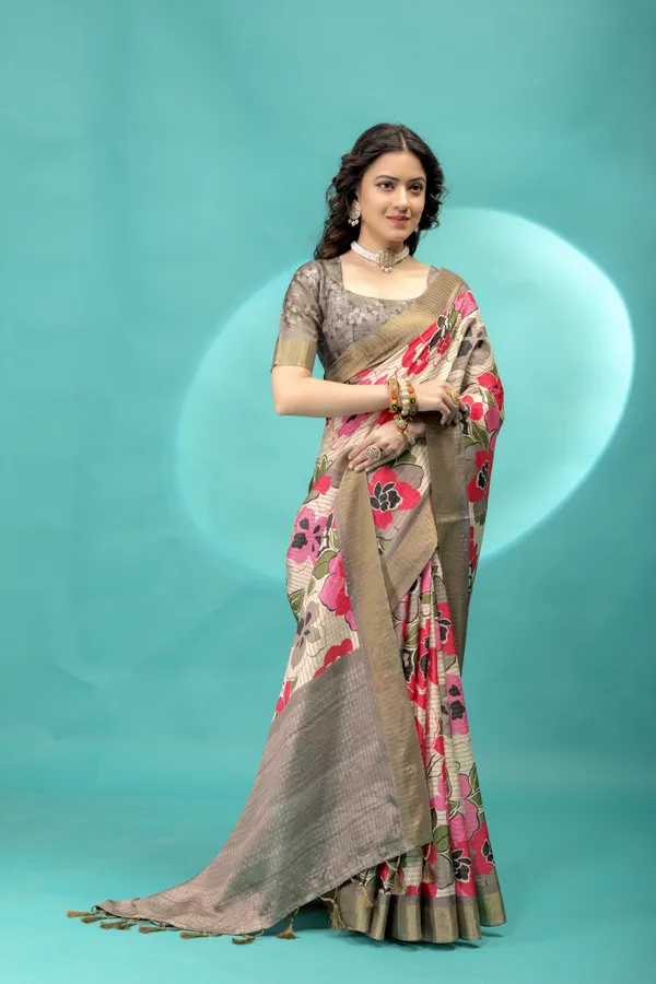 Soft_Tussar_Silk_sarees_with_Beautiful_Style_Of_Floral_Digital_Print_With_Attractive_Border_And_Contrast_Print_Blouse_With_Tassels