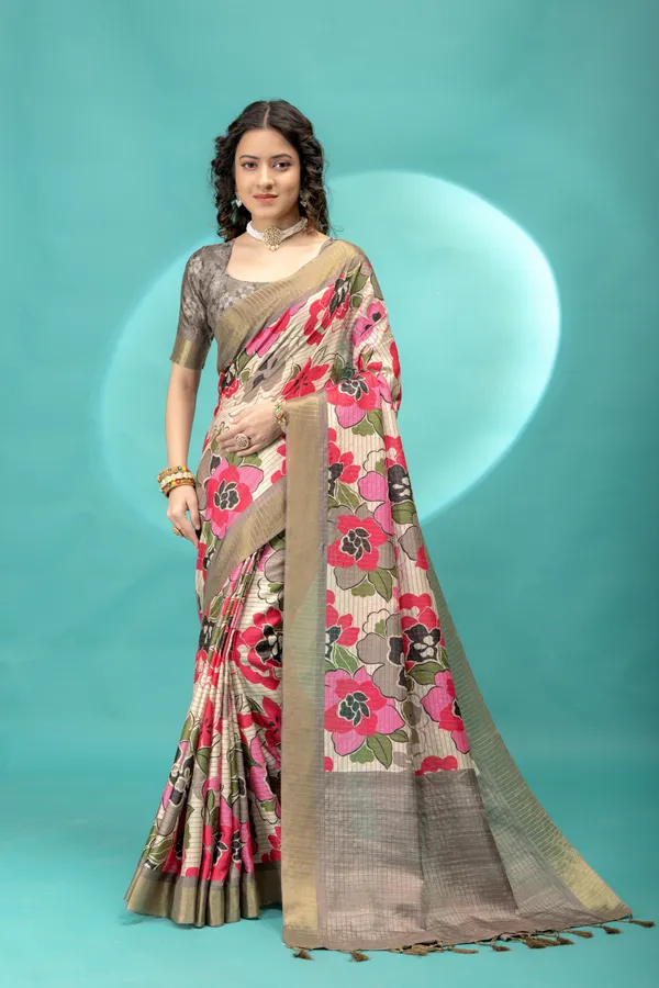 Soft_Tussar_Silk_sarees_with_Beautiful_Style_Of_Floral_Digital_Print_With_Attractive_Border_And_Contrast_Print_Blouse_With_Tassels