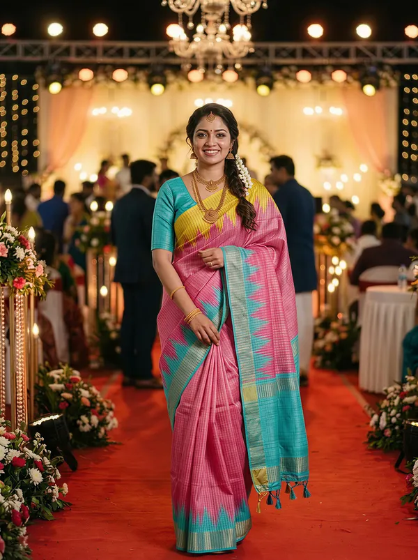 Soft_Tussar_Silk_sarees_with_Beautiful_Digital_Print_With_Attractive_Checks_Design_Saree_And_Digital_Print_Blouse_With_Tassels