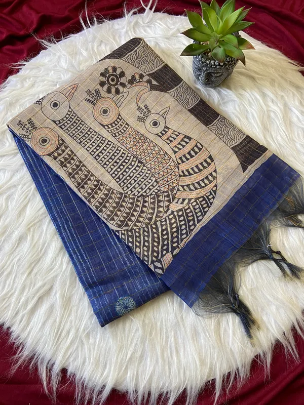 Soft_Semi_Tussar_Silk_sarees_with_Beautiful_Digital_Print_With_Attractive_Border_And_Contrast_Print_Blouse_With_Tassels
