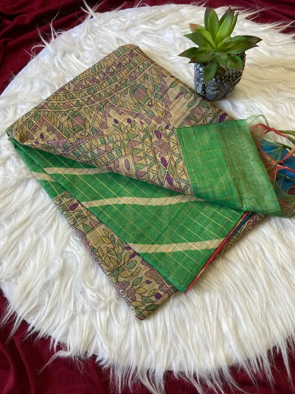 Soft_Semi_Tussar_Silk_sarees_with_Beautiful_Digital_Print_With_Attractive_Border_And_Contrast_Print_Blouse_With_Tassels