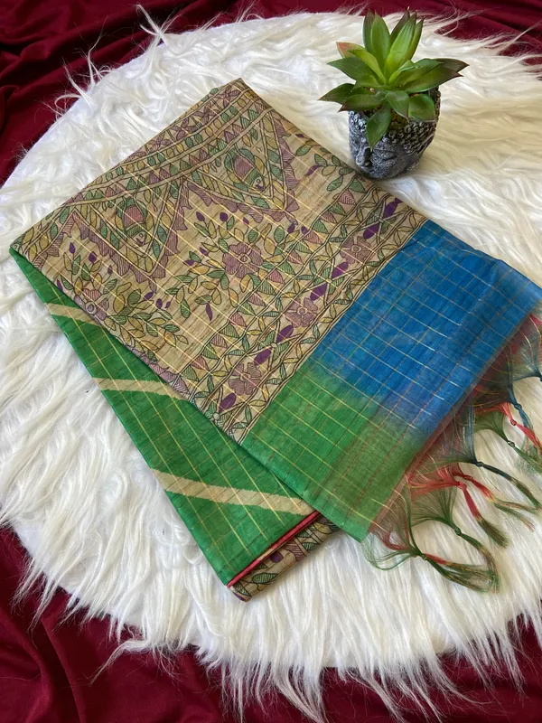 Soft_Semi_Tussar_Silk_sarees_with_Beautiful_Digital_Print_With_Attractive_Border_And_Contrast_Print_Blouse_With_Tassels