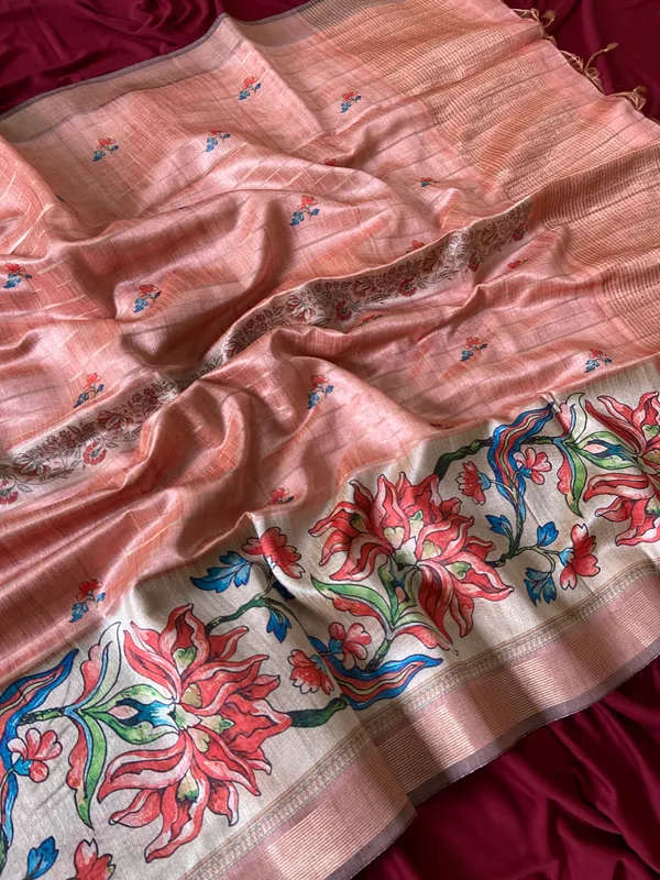 Soft_Semi_Tussar_Silk_sarees_with_Beautiful_Digital_Print_With_Attractive_Border_And_Contrast_Print_Blouse_With_Tassels