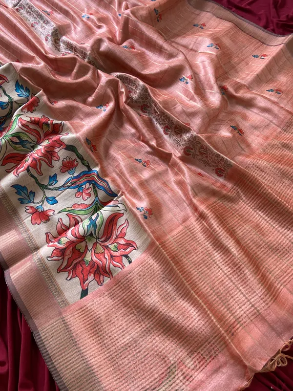 Soft_Semi_Tussar_Silk_sarees_with_Beautiful_Digital_Print_With_Attractive_Border_And_Contrast_Print_Blouse_With_Tassels